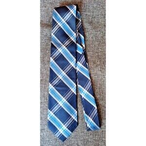 Tie 70s 80s 90s Y2K Mens Merona Silk Blue Navy White Plaid 3.25 Wide 60 Long